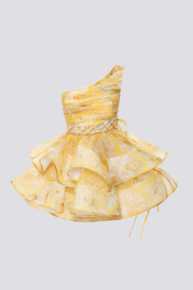 Cora One Shoulder Ruffle Cutout Mini Dress In Yellow-ROVOLE