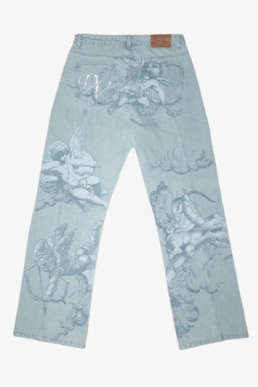 Cupid Print Washed Blue Jeans-ROVOLE