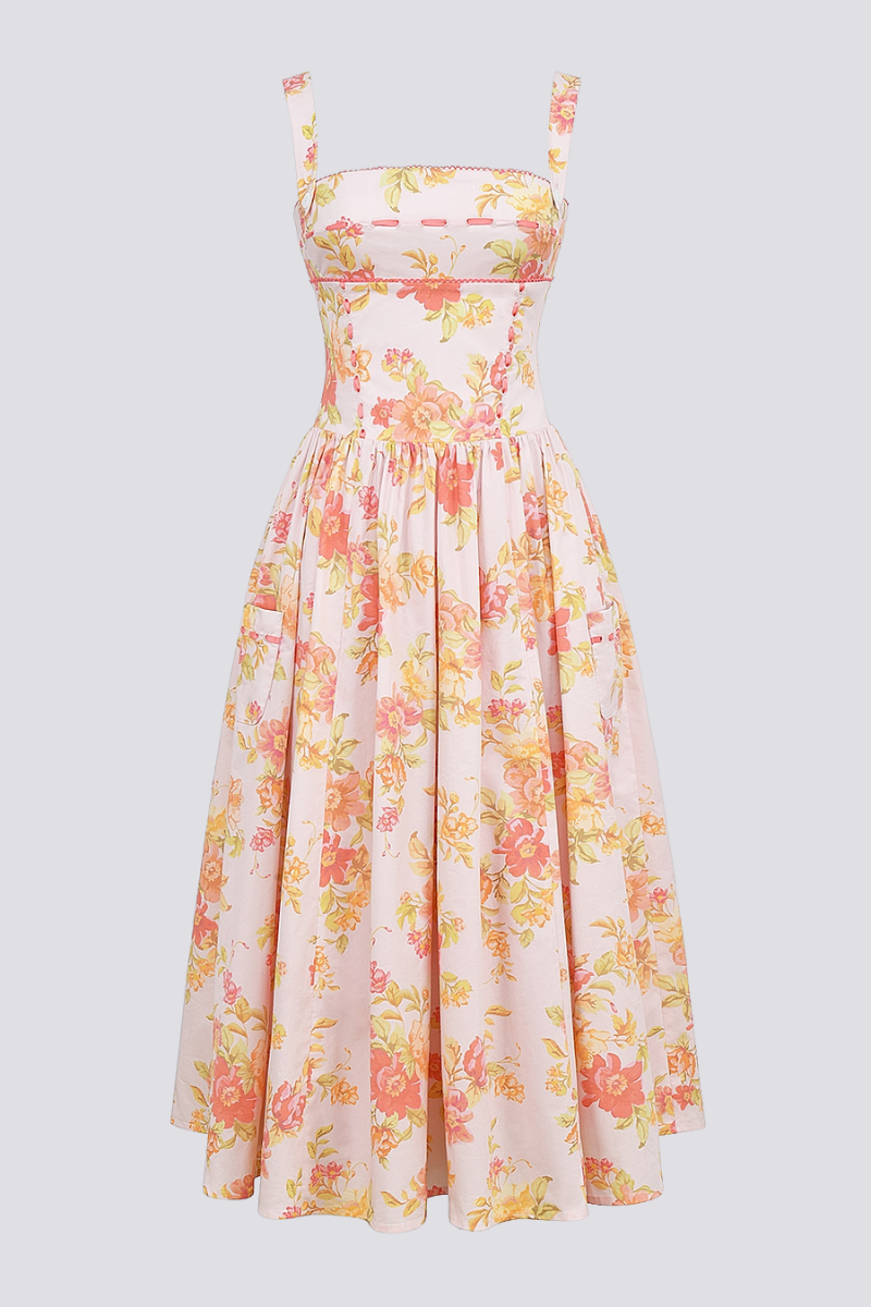 Cybèle Peach Poppy Print Midi Dress-ROVOLE