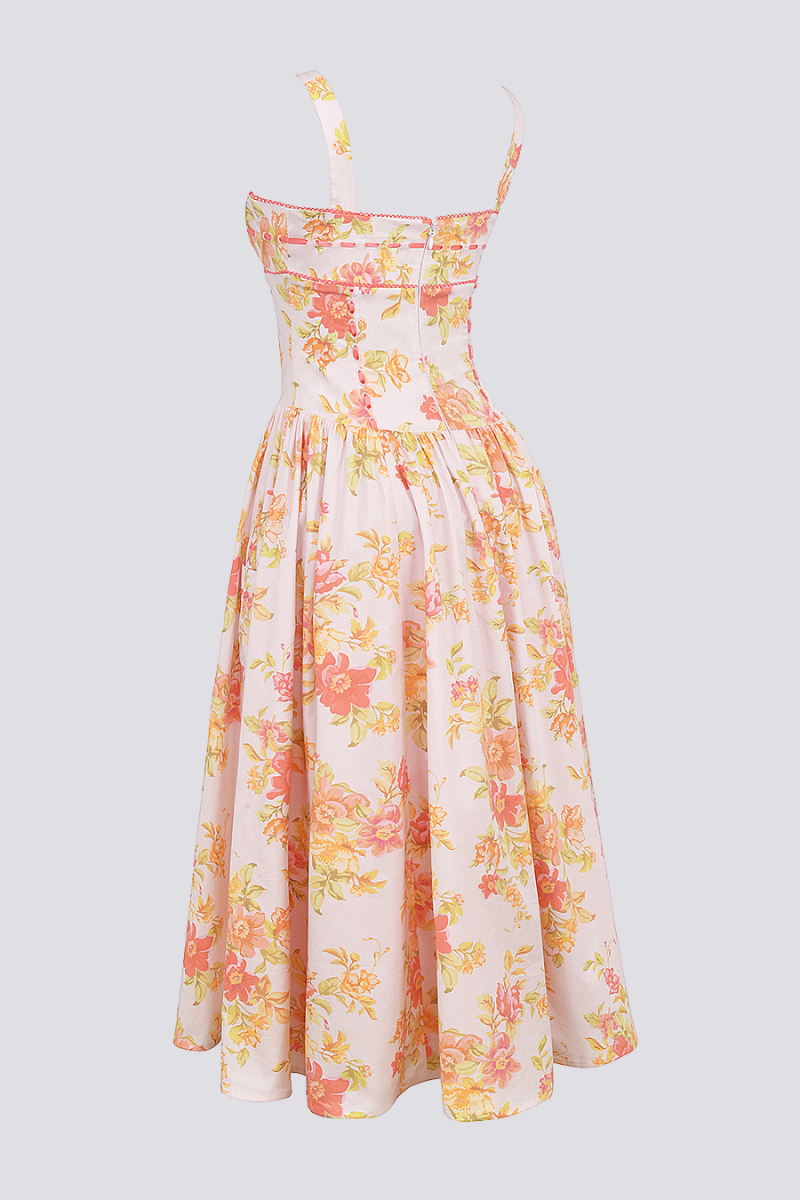 Cybèle Peach Poppy Print Midi Dress-ROVOLE