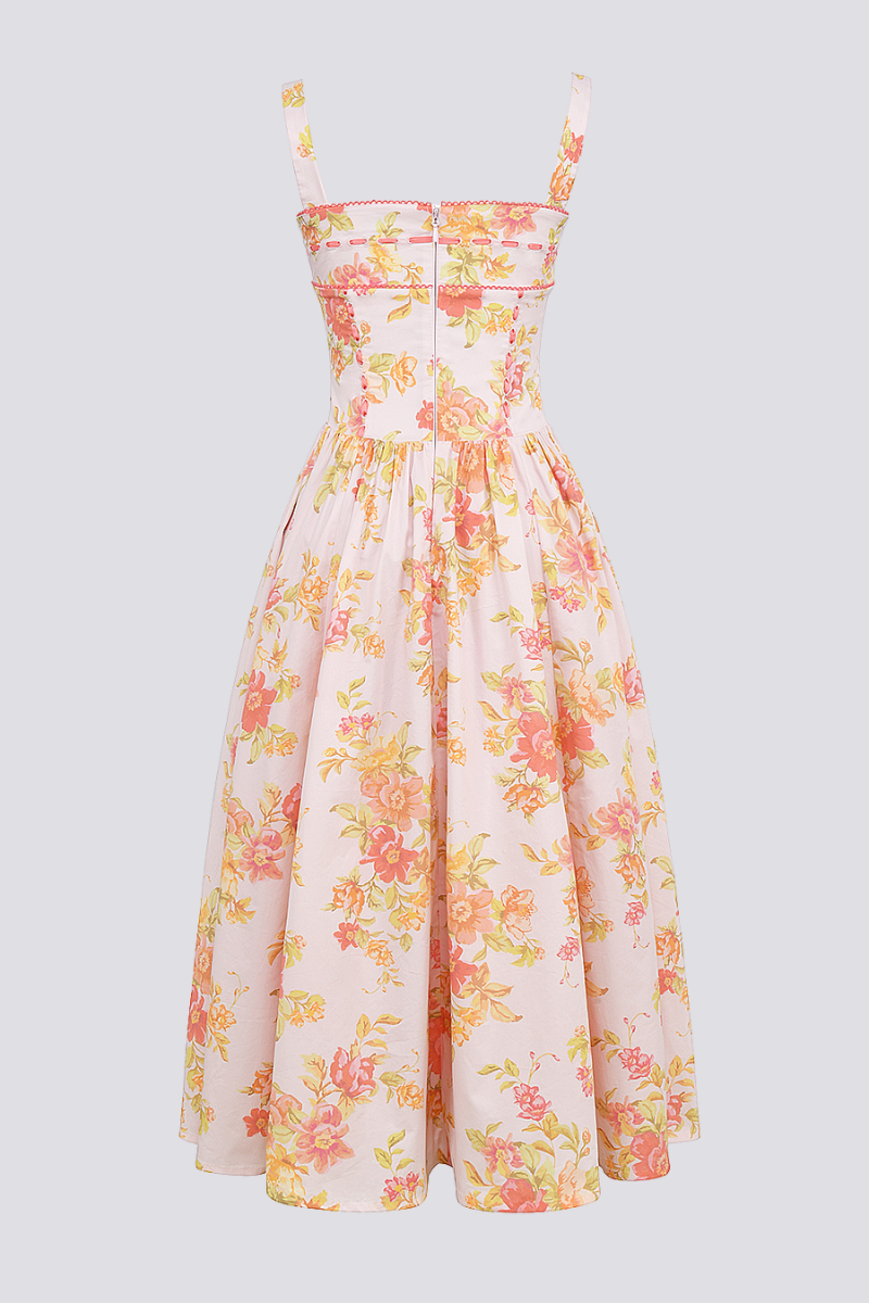 Cybèle Peach Poppy Print Midi Dress-ROVOLE