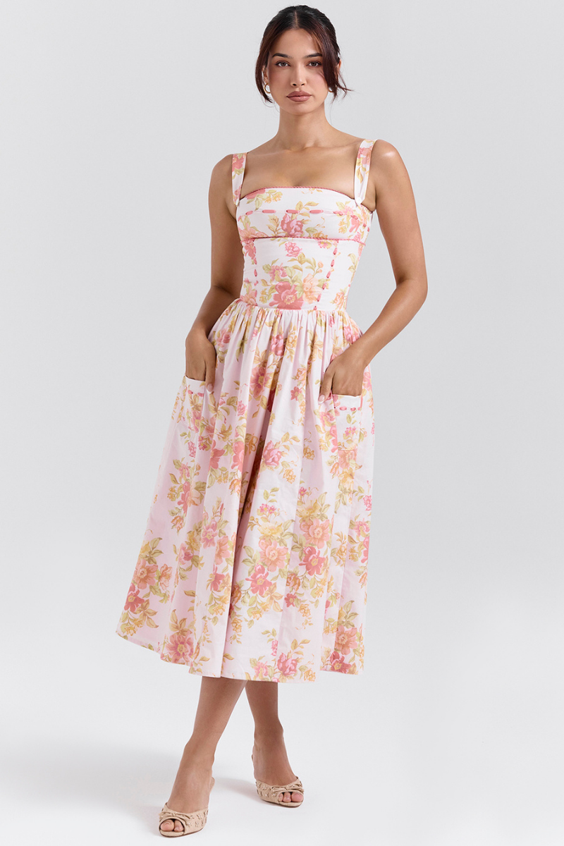 Cybèle Peach Poppy Print Midi Dress-ROVOLE