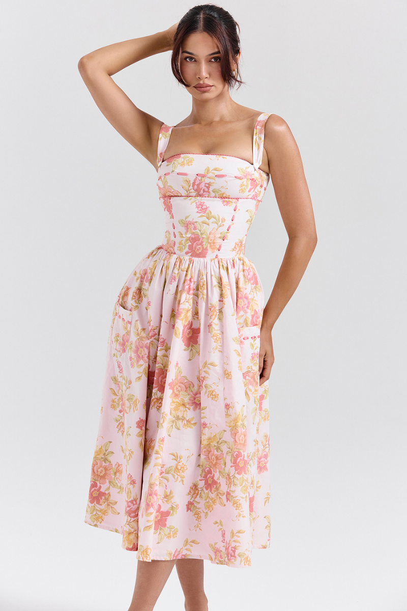 Cybèle Peach Poppy Print Midi Dress-ROVOLE