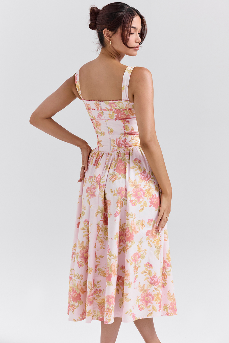 Cybèle Peach Poppy Print Midi Dress-ROVOLE