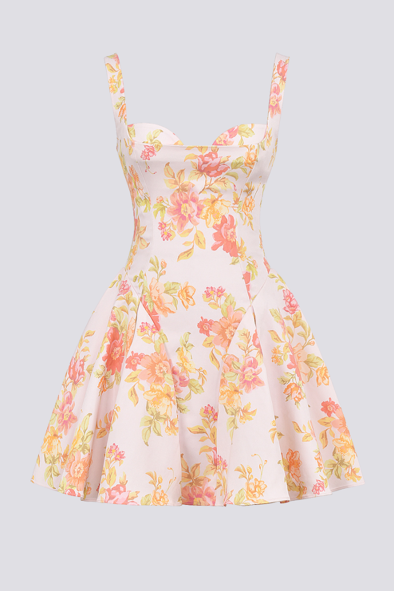 Cynthia Peach Poppy Print Mini Dress-ROVOLE