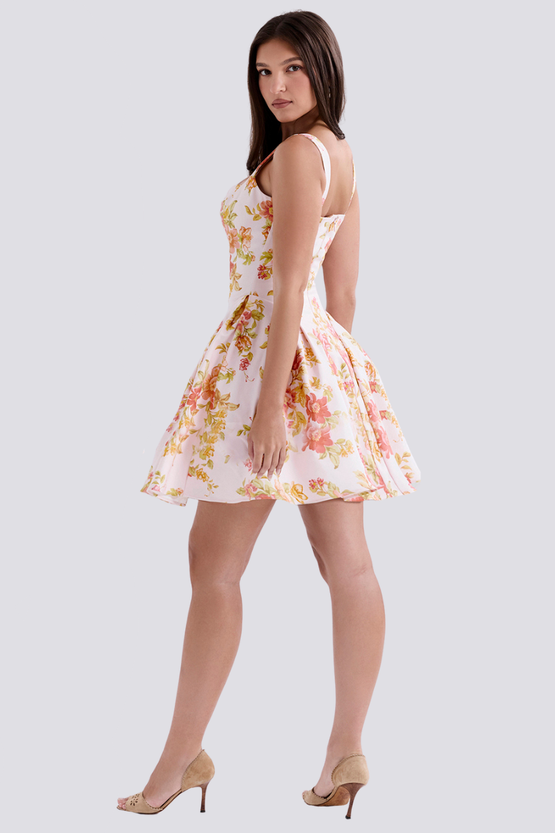Cynthia Peach Poppy Print Mini Dress-ROVOLE