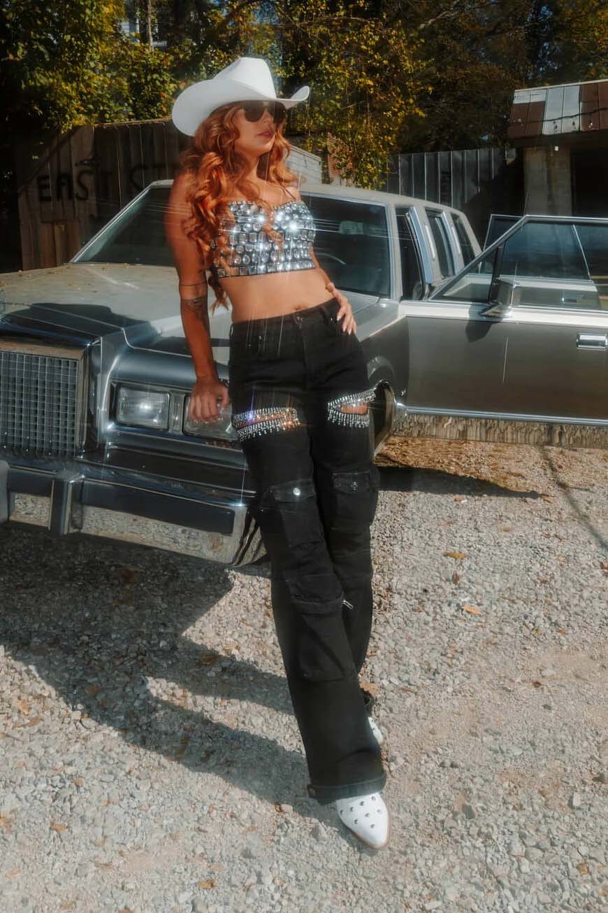 Cut Out Rhinestone Cargo Jeans-ROVOLE