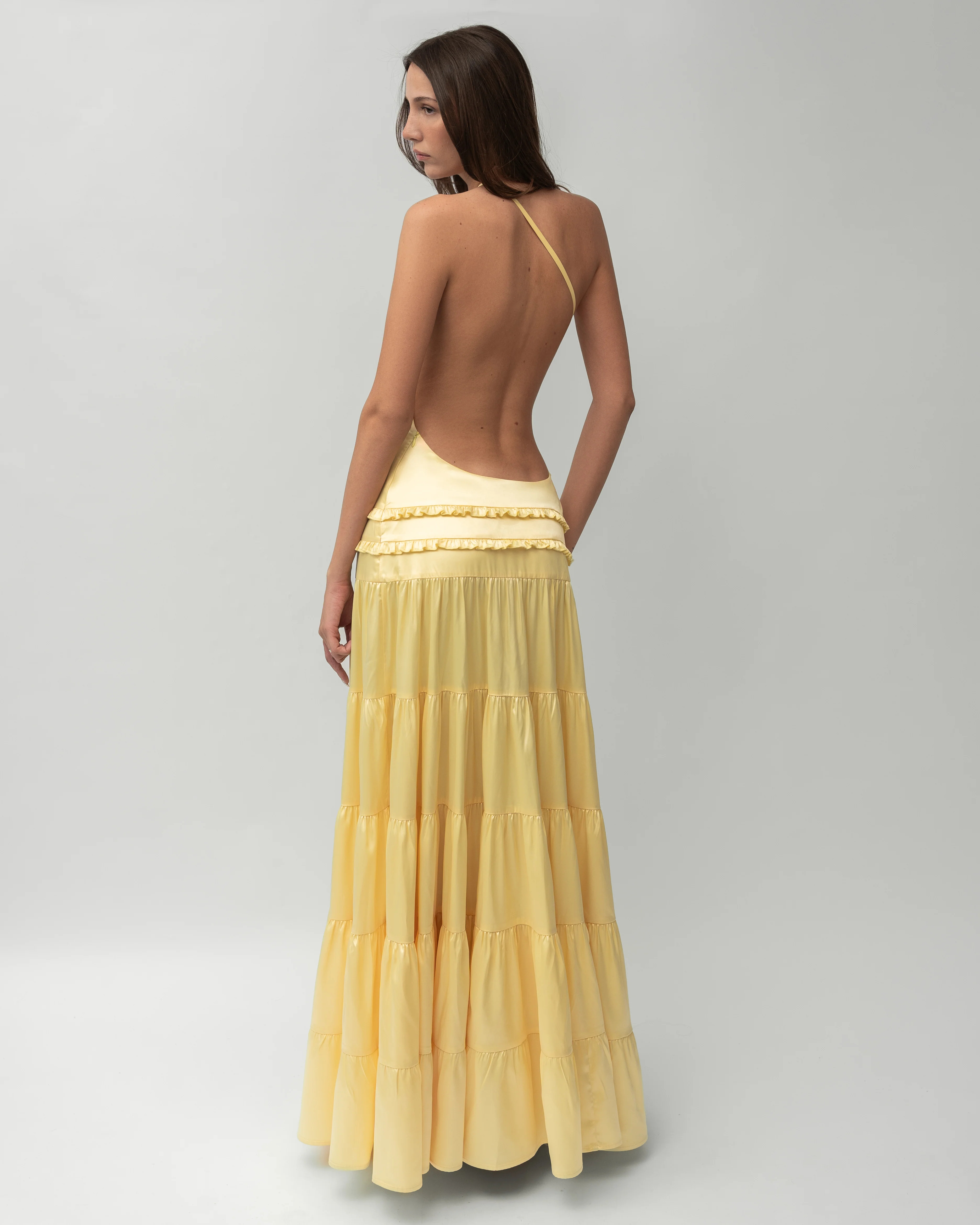Yellow flowing one-shoulder maxi dress