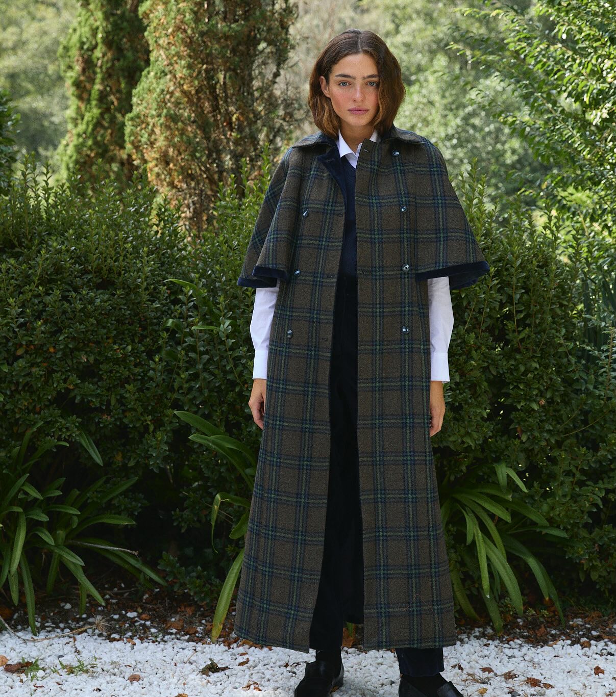 Checked Wool Cloak Coat