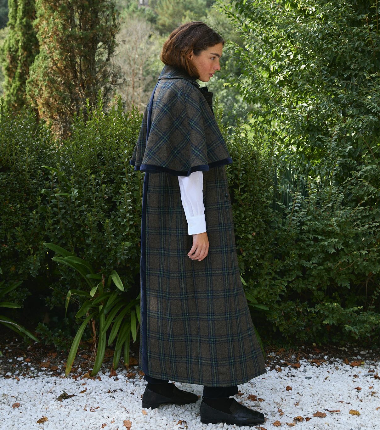 Checked Wool Cloak Coat