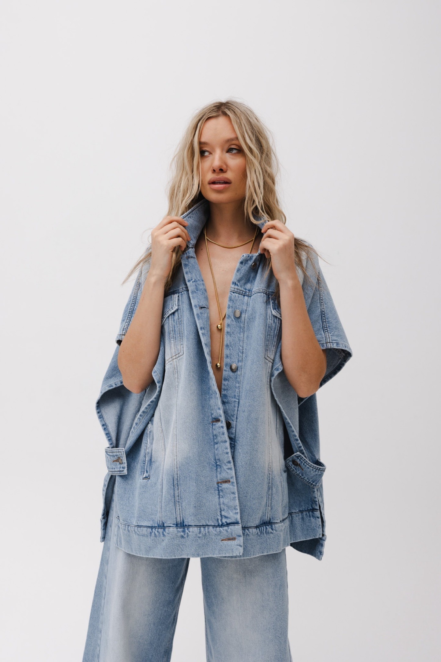Oversized vintage washed denim vest jeans-ROVOLE