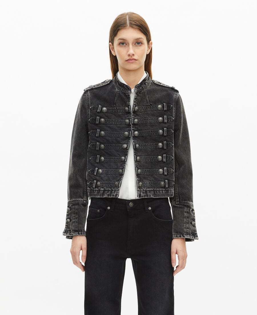 Black Denim Military - Style Jacket