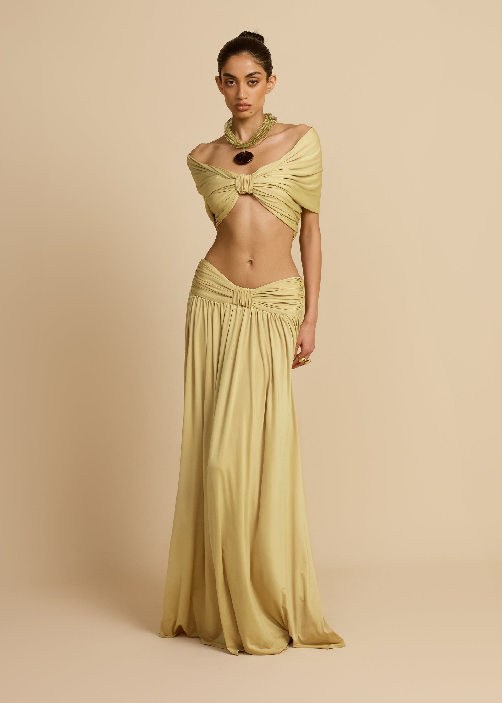 Beige Off - Shoulder Cutout Two - Piece Set-ROVOLE