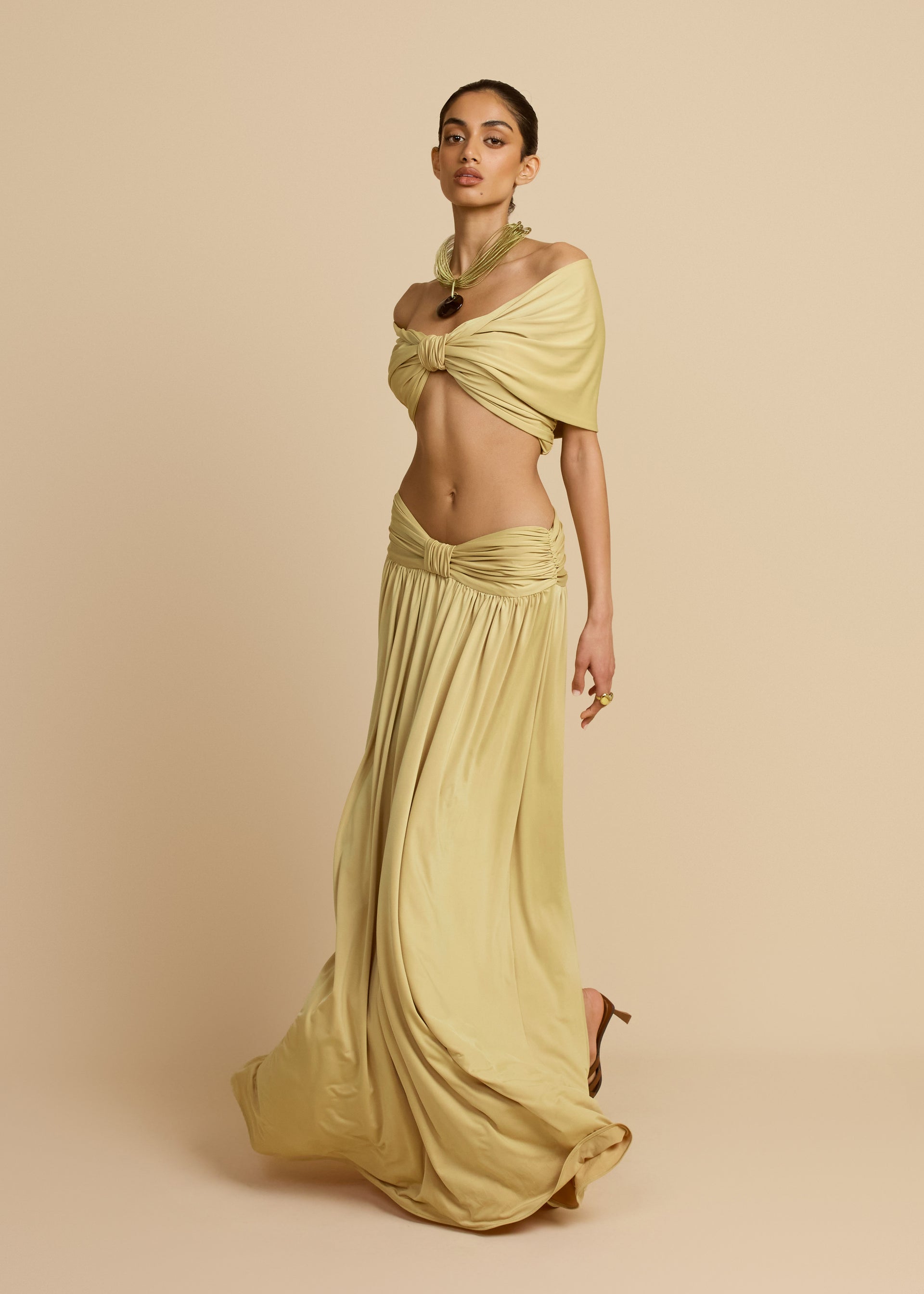 Beige Off - Shoulder Cutout Two - Piece Set-ROVOLE