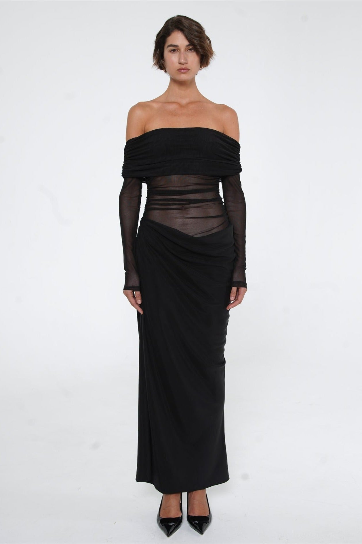 Lillian Off Shoulder Sheer Maxi Mesh Dress-ROVOLE