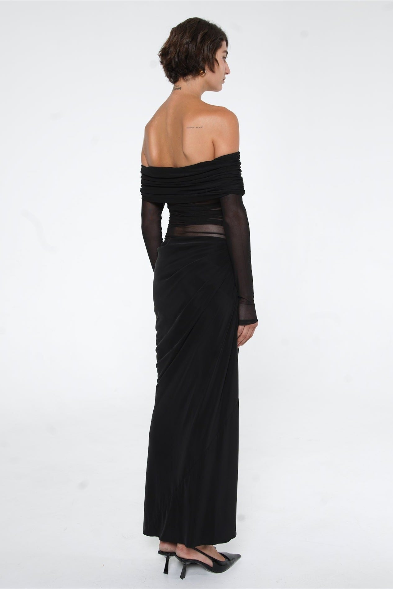 Lillian Off Shoulder Sheer Maxi Mesh Dress-ROVOLE