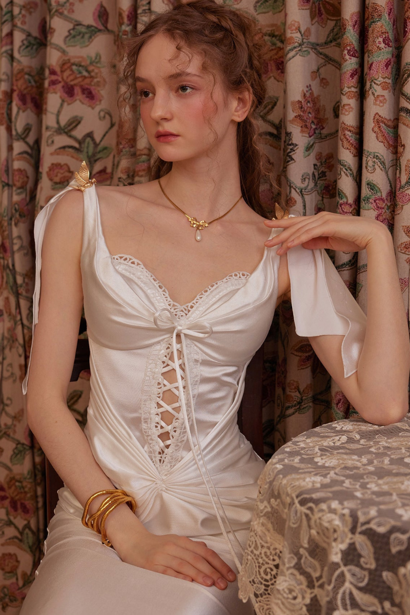 Delphina Satin Ruched Lace Up Midi Dress-ROVOLE