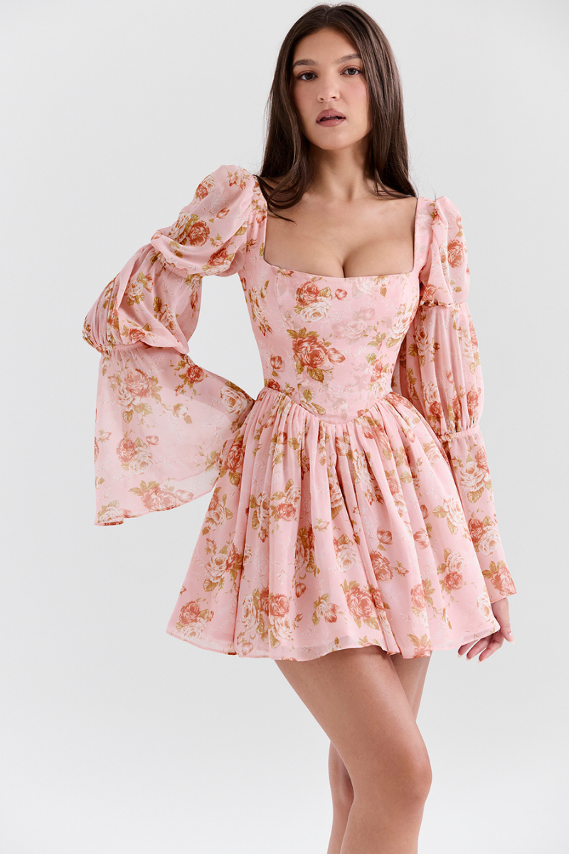 Divine Floral Square Neck Mini Dress-ROVOLE