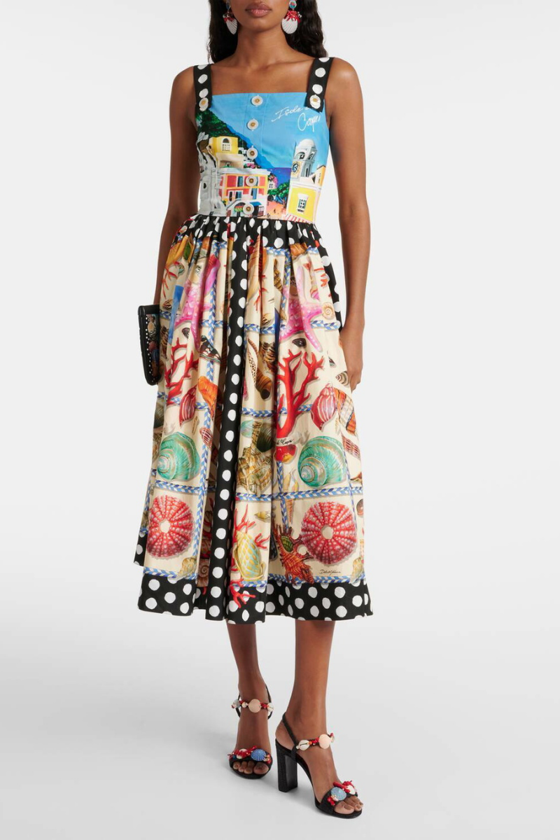 Domitille Polka Dot Square Neck Midi Dress-ROVOLE