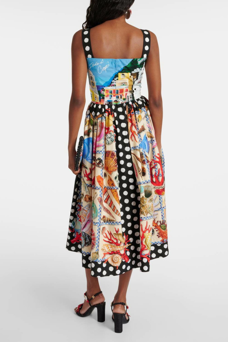 Domitille Polka Dot Square Neck Midi Dress-ROVOLE