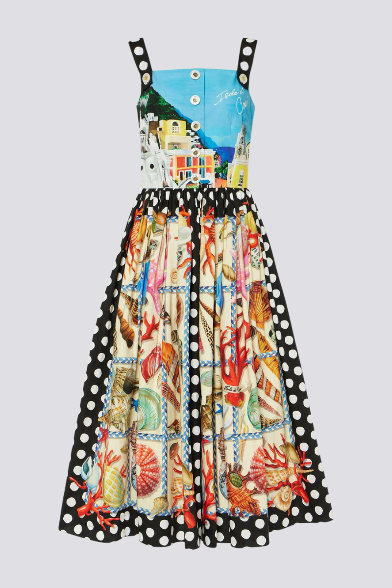 Domitille Polka Dot Square Neck Midi Dress-ROVOLE