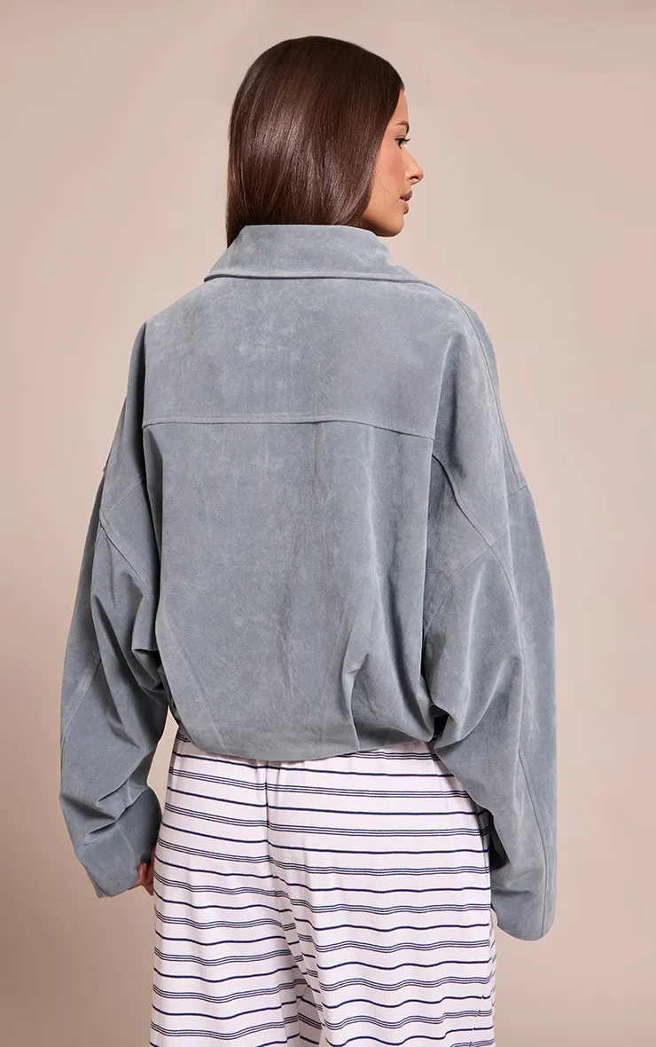 Dusty Blue Faux Suede Covered Placket Bomber Jacket