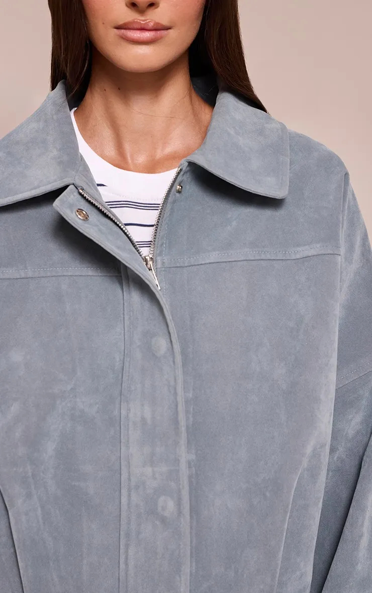Dusty Blue Faux Suede Covered Placket Bomber Jacket
