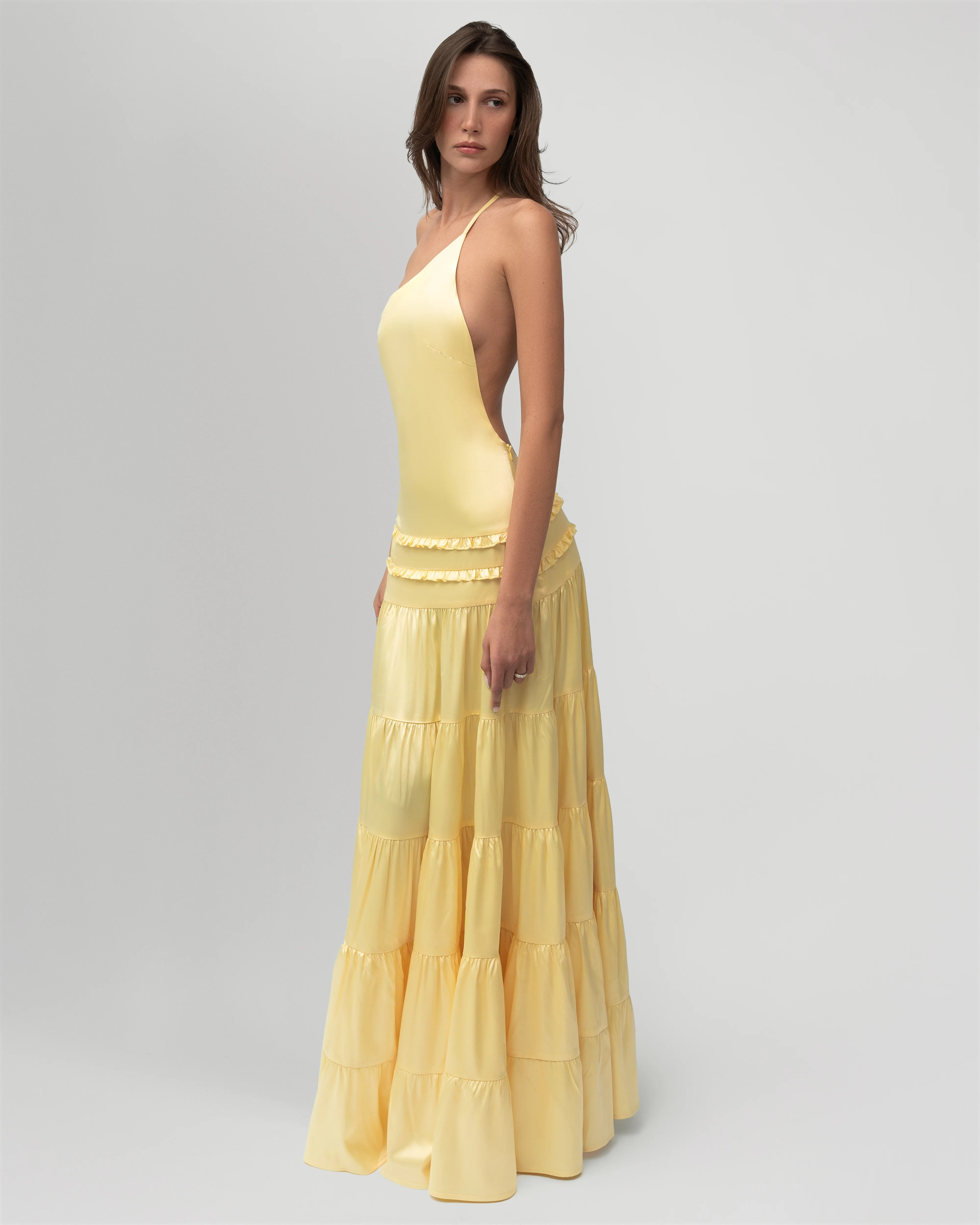 Yellow flowing one-shoulder maxi dress