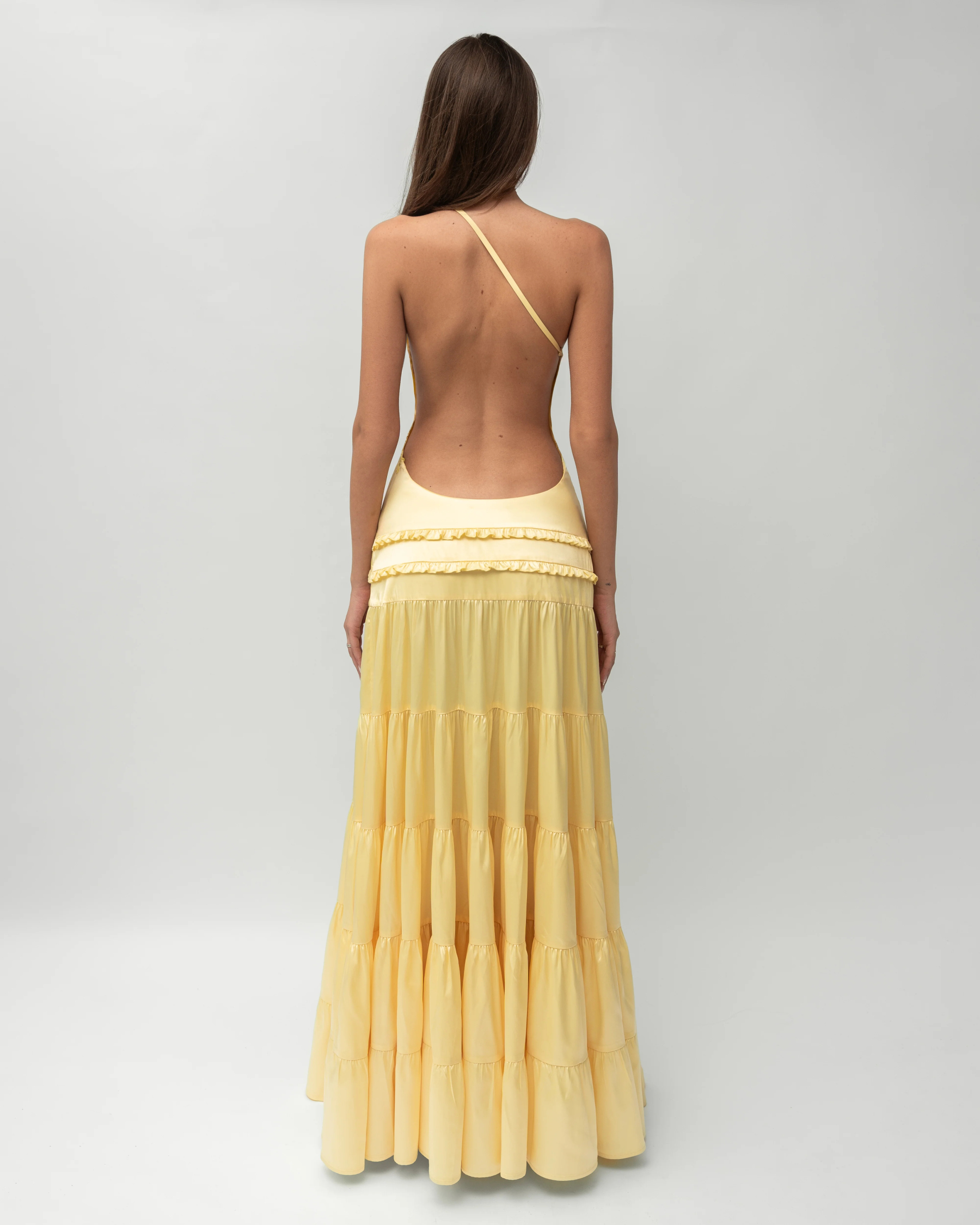 Yellow flowing one-shoulder maxi dress