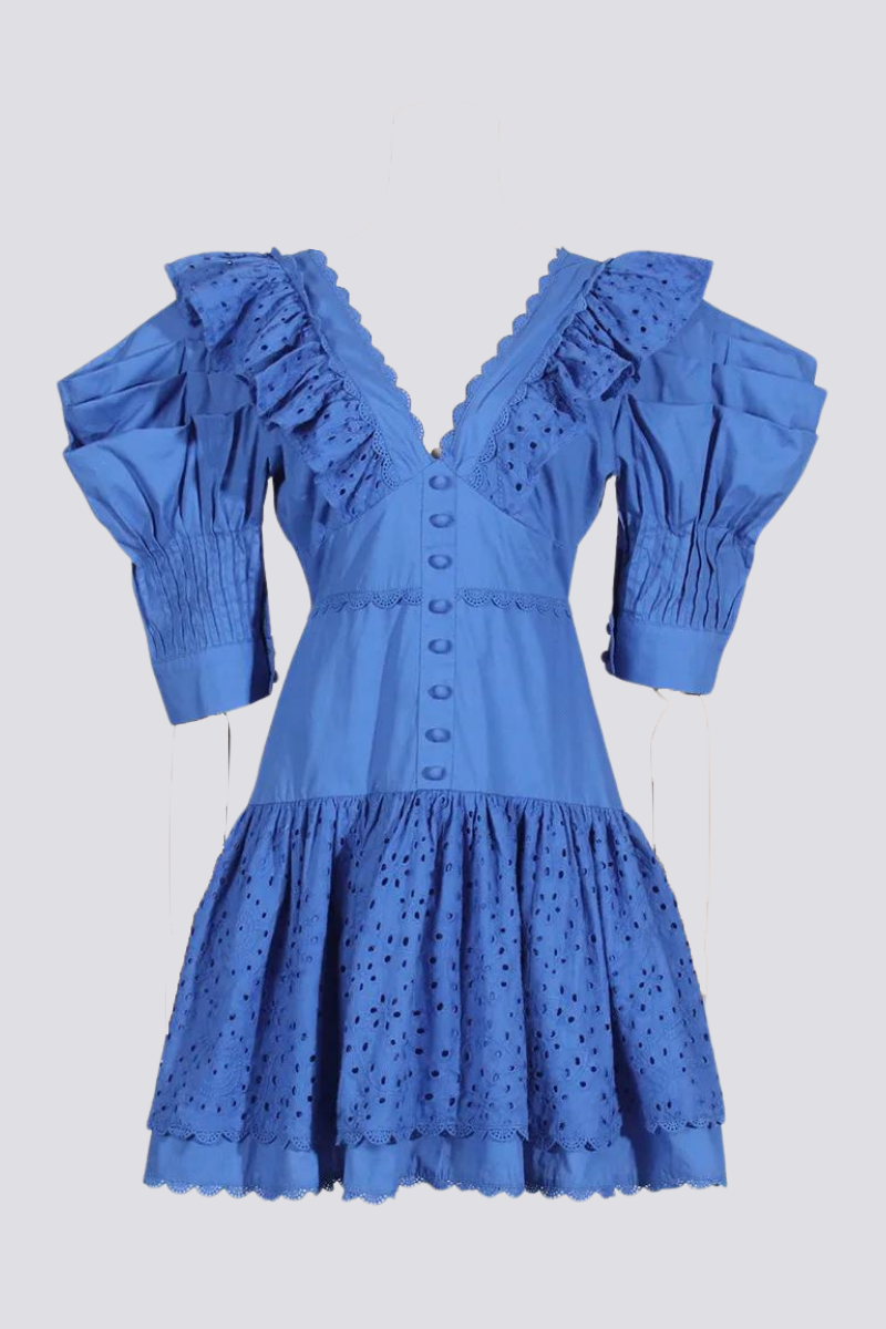 Éloïse Ruffle Plunge Neck Backless Mini Dress-ROVOLE