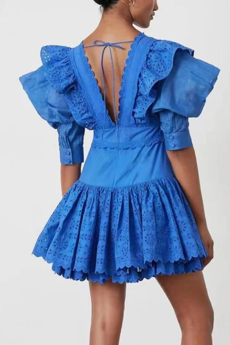 Éloïse Ruffle Plunge Neck Backless Mini Dress-ROVOLE