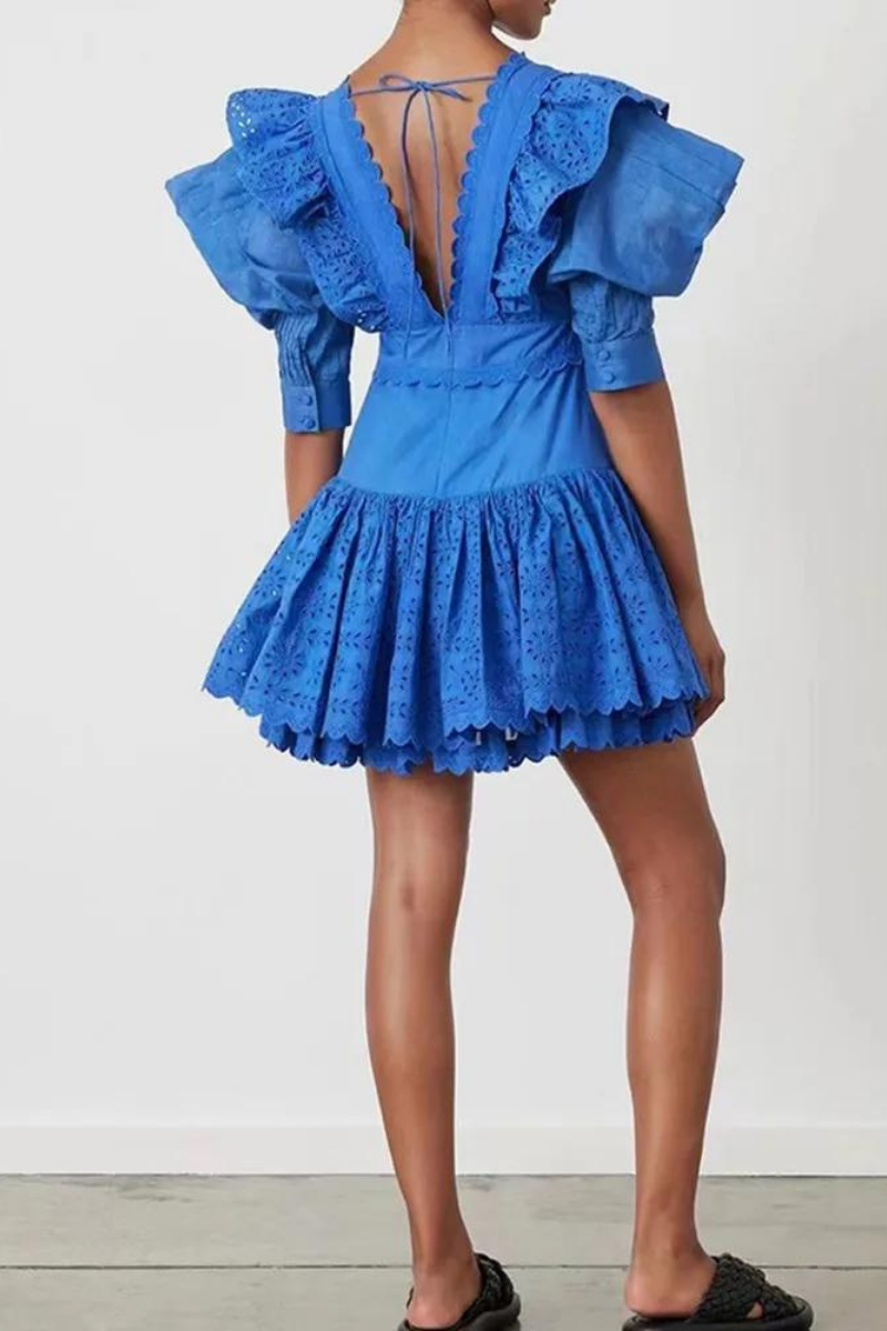 Éloïse Ruffle Plunge Neck Backless Mini Dress-ROVOLE