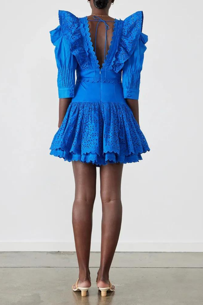 Éloïse Ruffle Plunge Neck Backless Mini Dress-ROVOLE