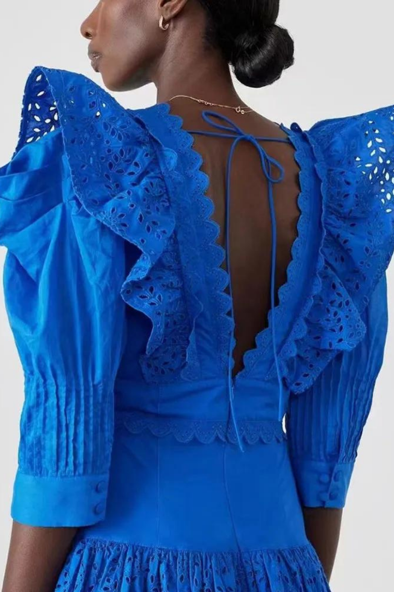 Éloïse Ruffle Plunge Neck Backless Mini Dress-ROVOLE