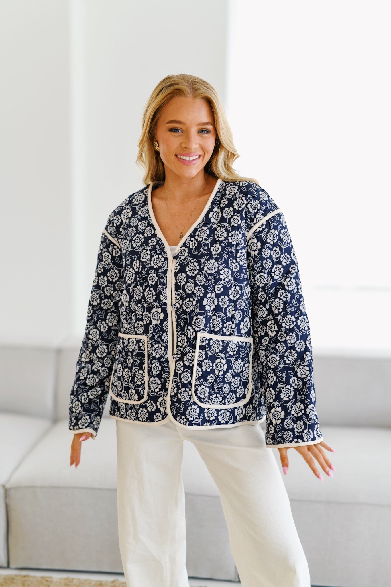 Jayla Printed Quilted Jacket-Navy/Cream-ROVOLE