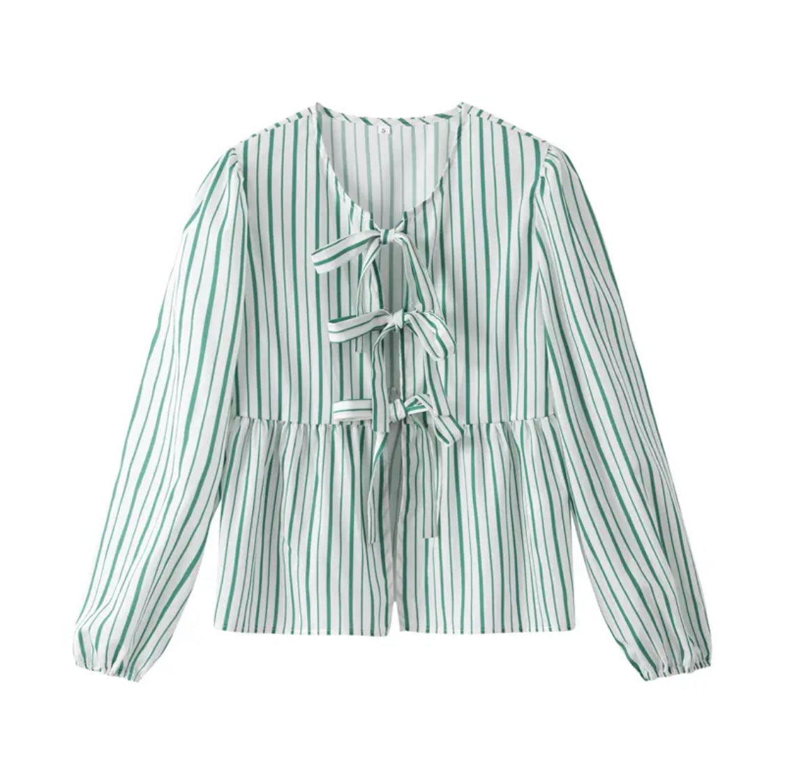Green Stripes Puff Sleeve Peplum Bow Ties Blouse Short Top-ROVOLE