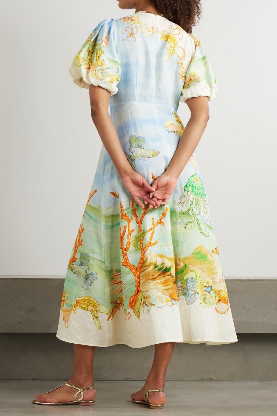 Gathered Printed Linen-Gauze Midi Dress-ROVOLE