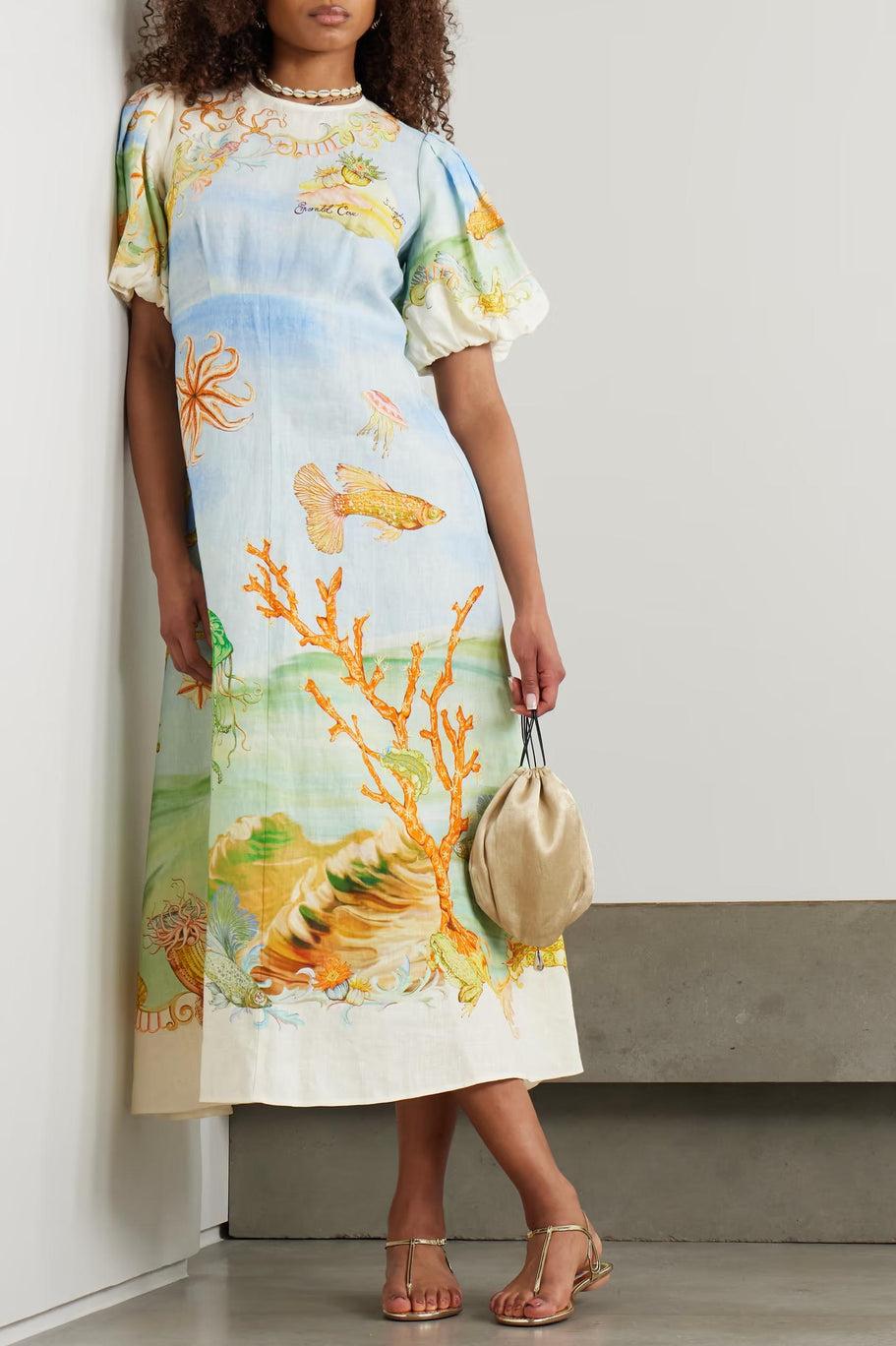 Gathered Printed Linen-Gauze Midi Dress-ROVOLE