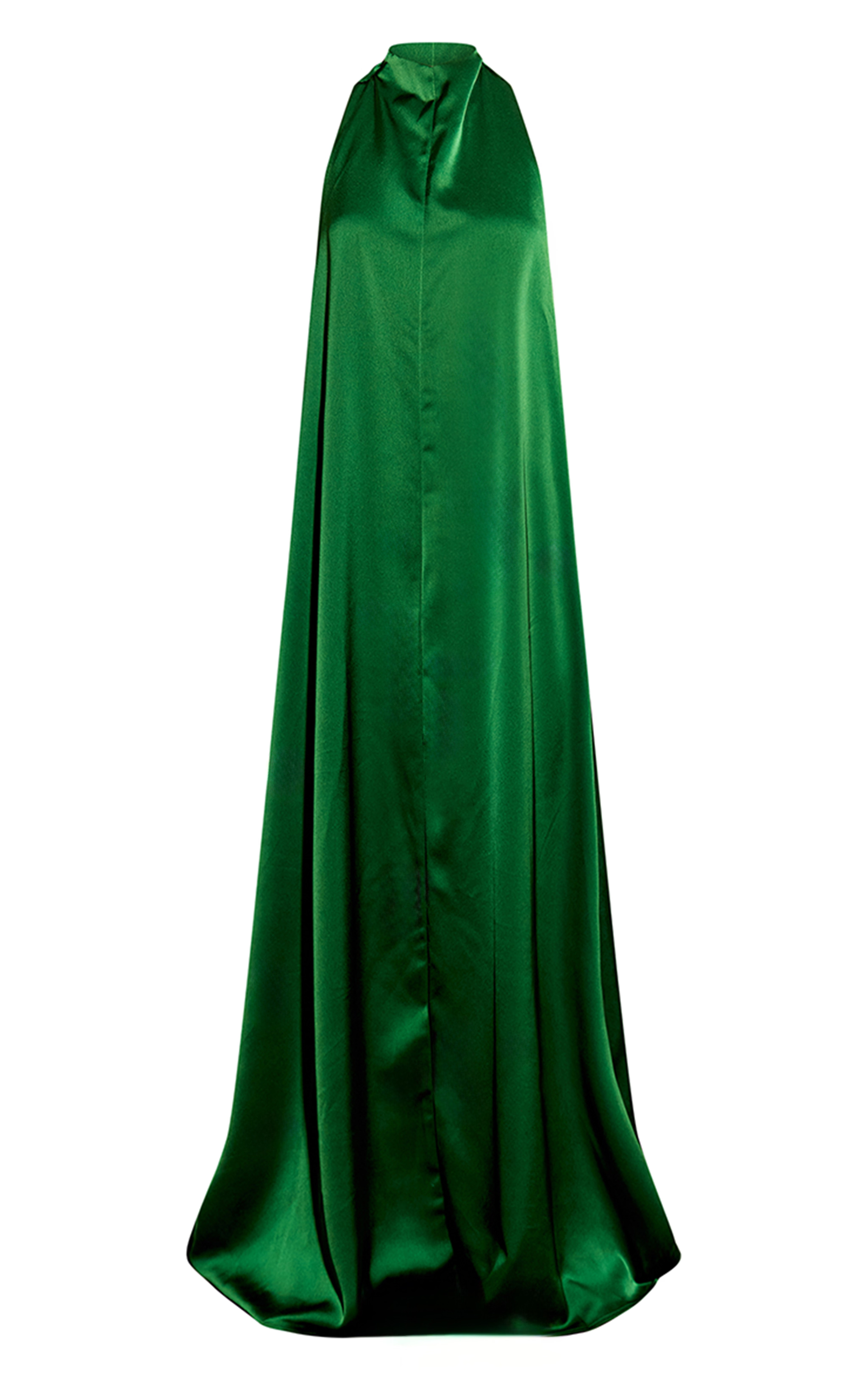 Green Satin High Neck Scoop Extreme Low Back Maxi Dress