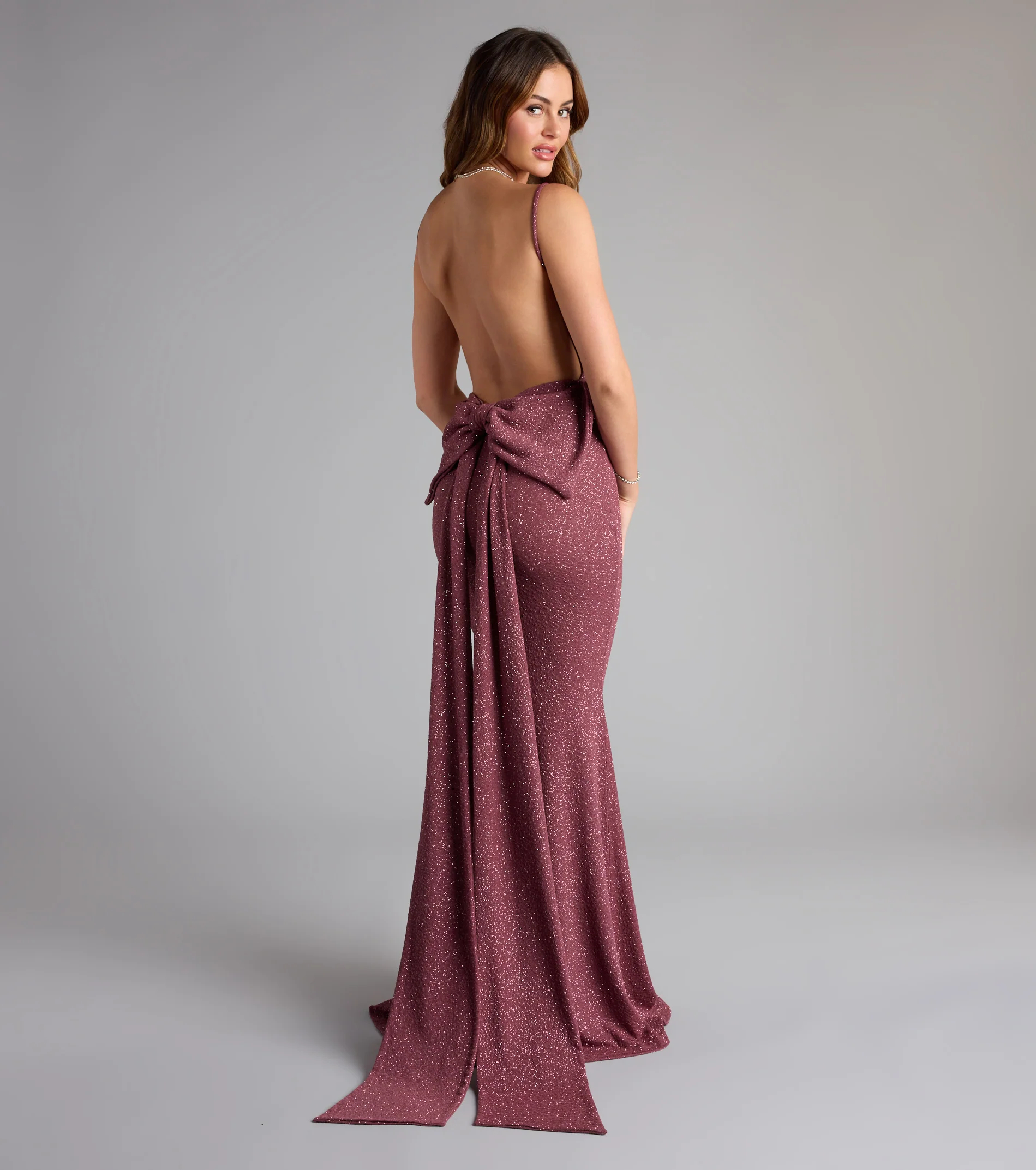 Gwendolyn Glitter Knit Bow-Back Mermaid Dress