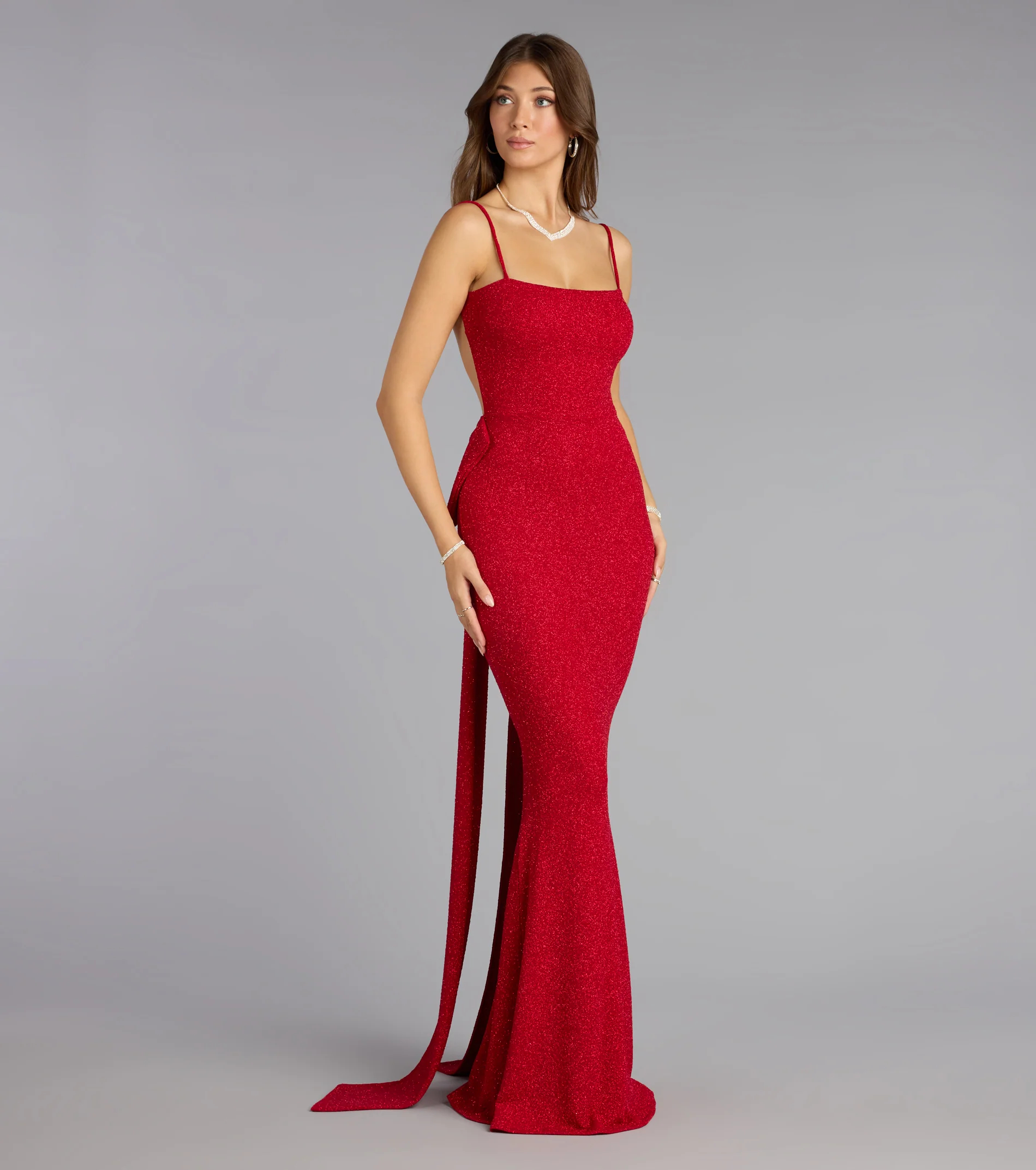 Gwendolyn Glitter Knit Bow-Back Mermaid Dress