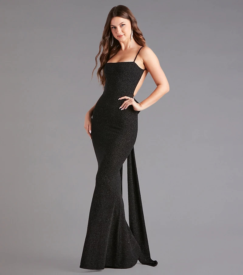 Gwendolyn Glitter Knit Bow-Back Mermaid Dress