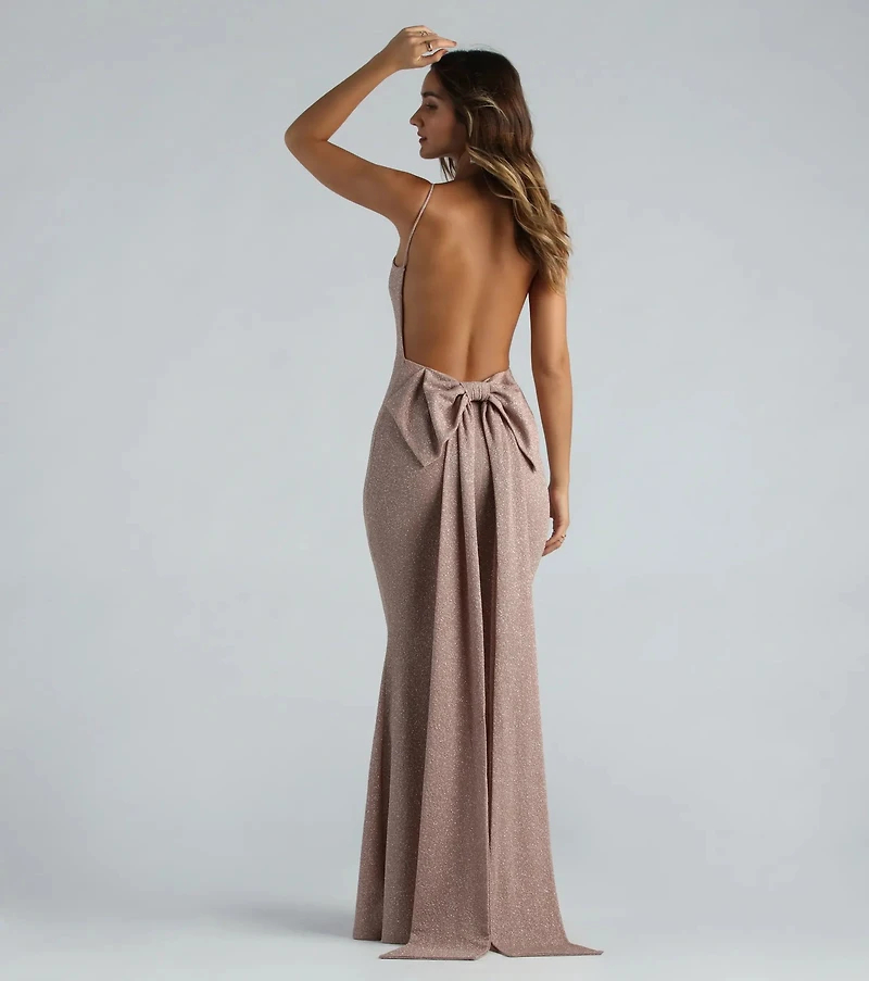 Gwendolyn Glitter Knit Bow-Back Mermaid Dress