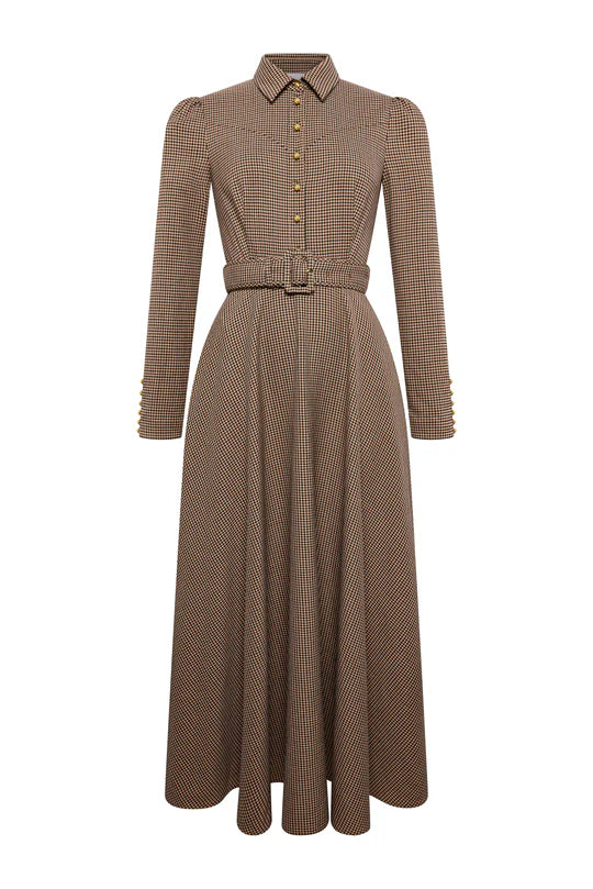 Brown Houndstooth Belted Maxi Shirt Dress-ROVOLE