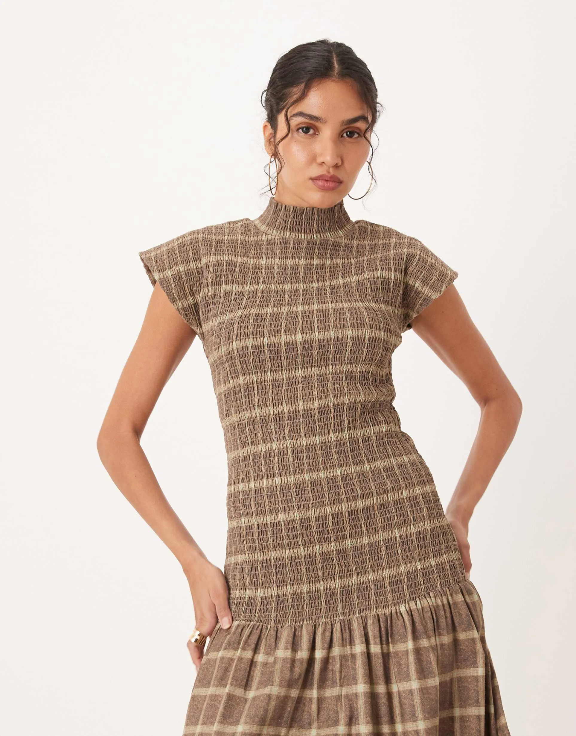 High-Necked Pleated Plaid Maxi Dress