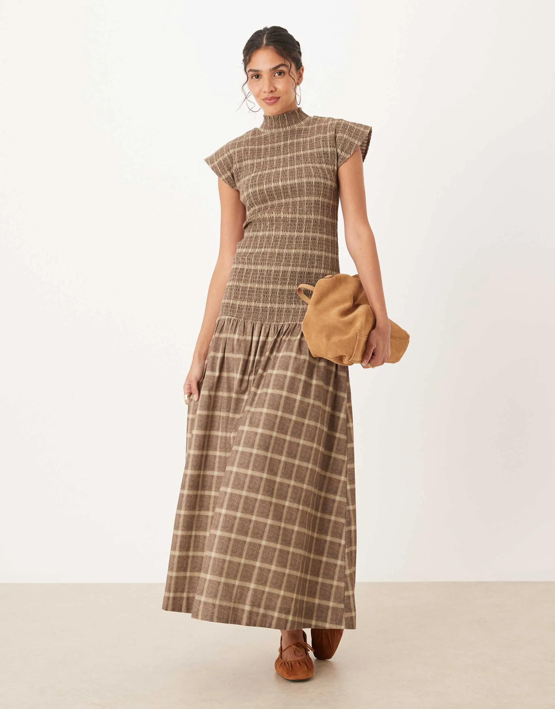 High-Necked Pleated Plaid Maxi Dress