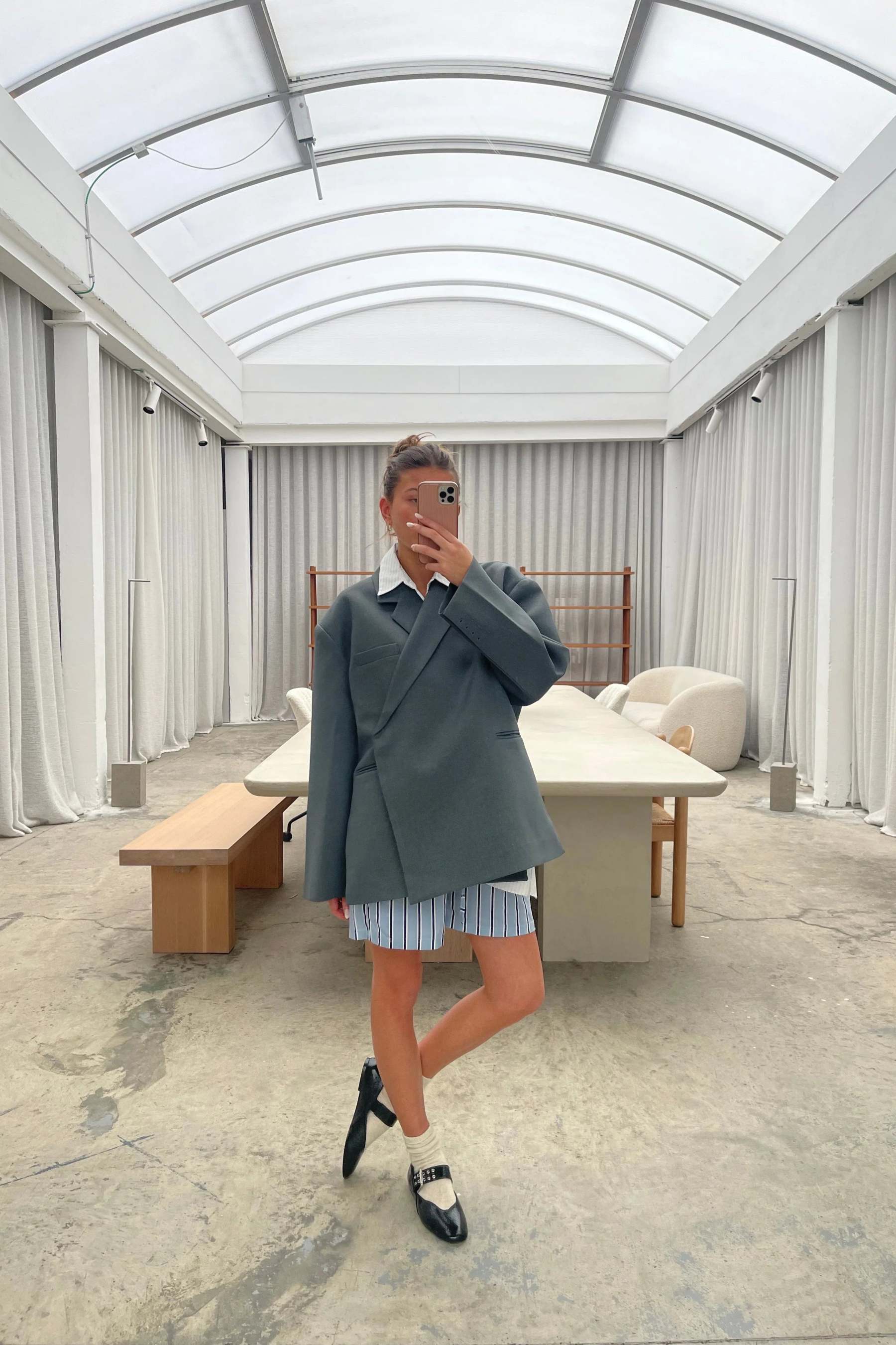 Oversized Side Slit Blazer Steel Blue-ROVOLE