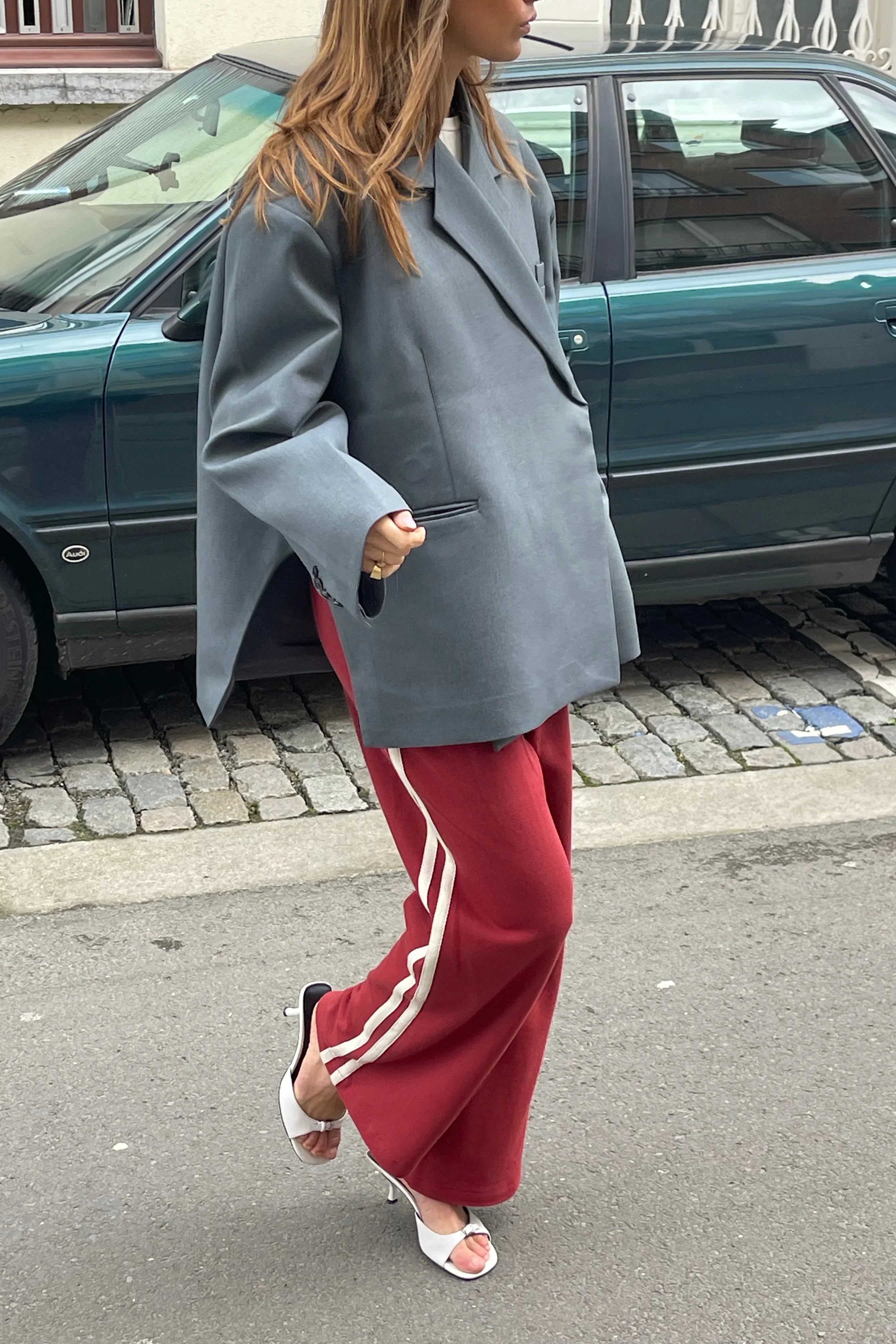 Oversized Side Slit Blazer Steel Blue-ROVOLE