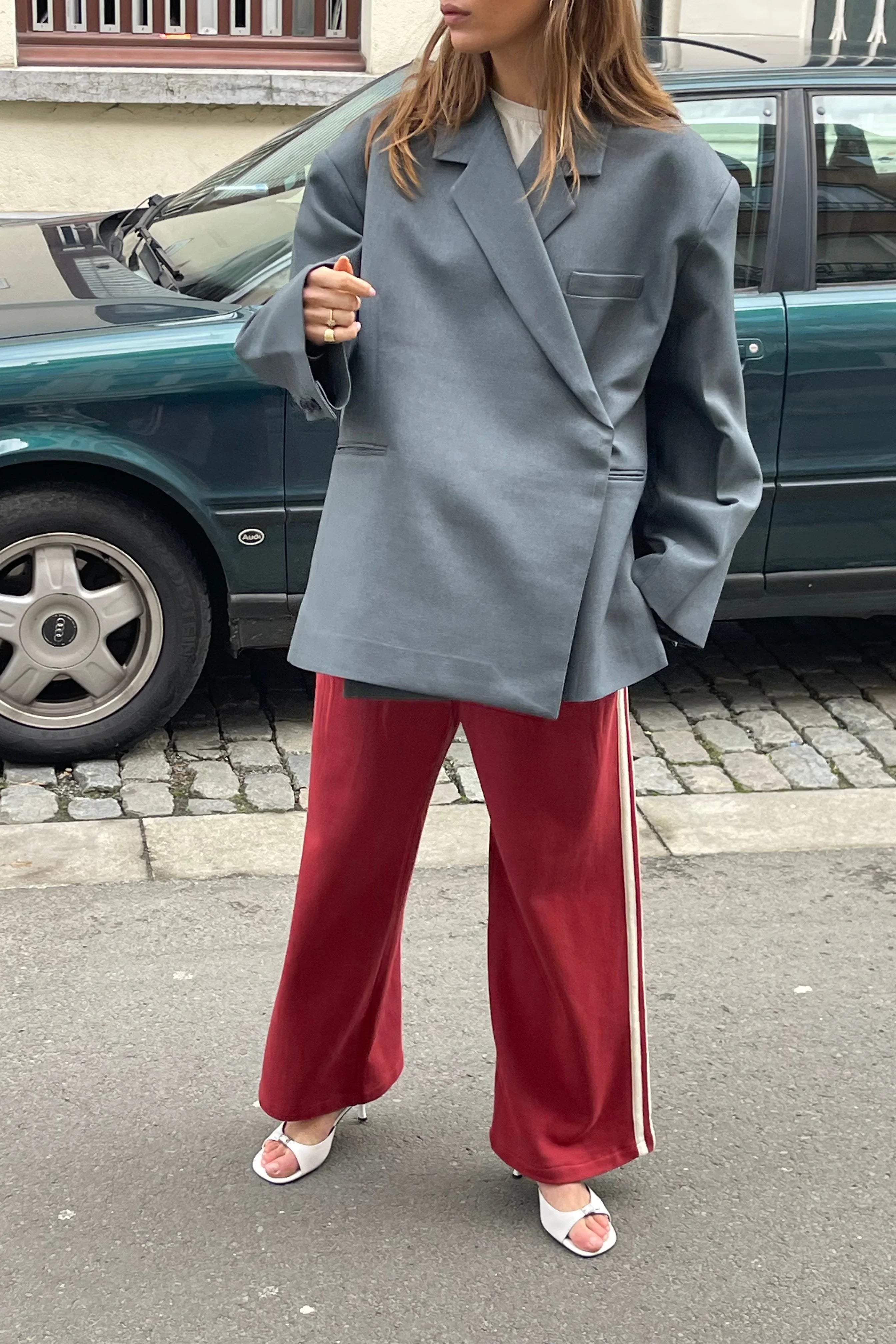 Oversized Side Slit Blazer Steel Blue-ROVOLE