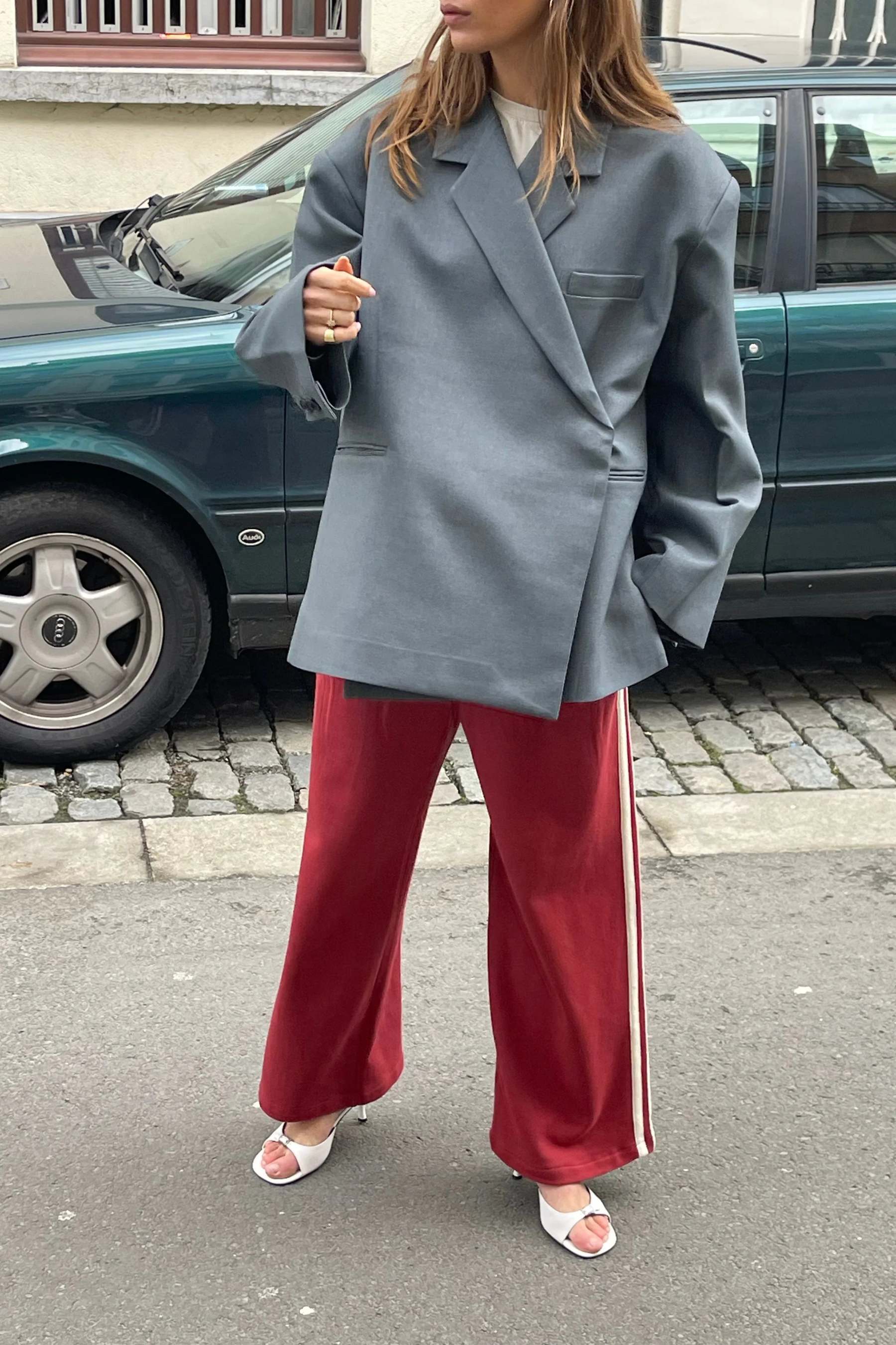 Oversized Side Slit Blazer Steel Blue-ROVOLE